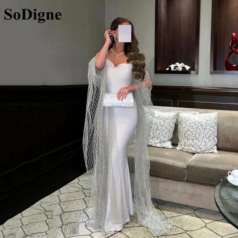 

SoDigne Mermaid Dubai Arabic Evening Dresses With Cape Satin Formal Prom Gowns Floor Length Women Party Dress occasion Gowns