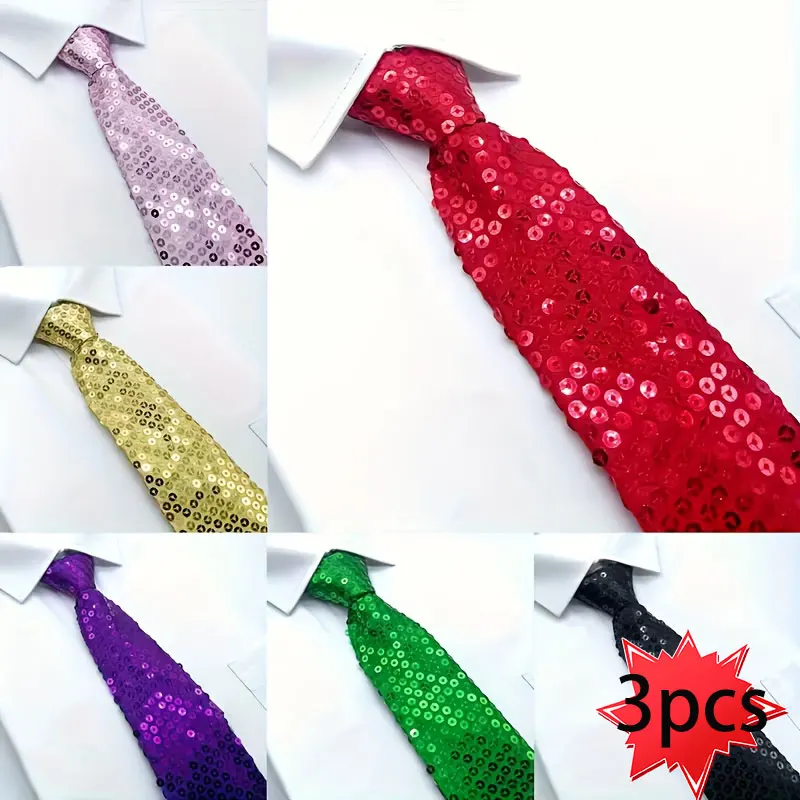 3Pcs Men's No-Tie Wide Zipper Sequin Tie 8cm (3.15inch) Black, Red, Blue Multi-Color Polyester Stage Performance Wedding Dinner Performance Suit Accessories
