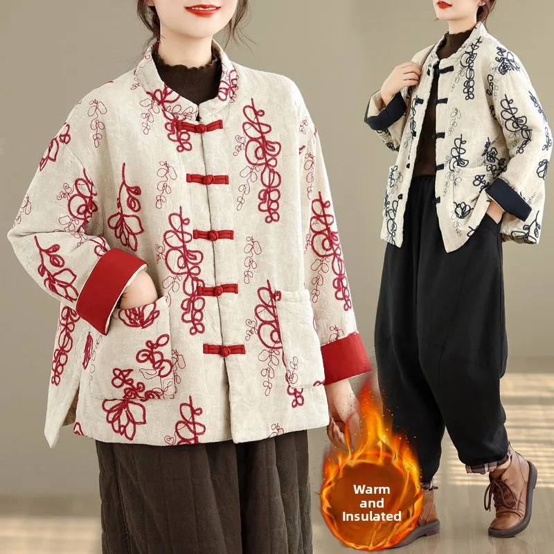 

Winter Chinese Sle Buttoned Cotton Jaet Women's Loose Fit Oversized Warm Printed Cotton Coat Top Buttoned Clothing