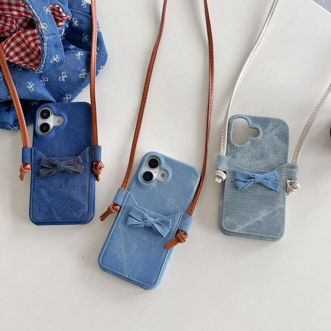 

Crossbody Strap Fashion Cute Bow Card Slot Pocket Wallet Denim Case For iPhone 11 12 13 14 15 16E 16 Pro Max Plus Phone Cover