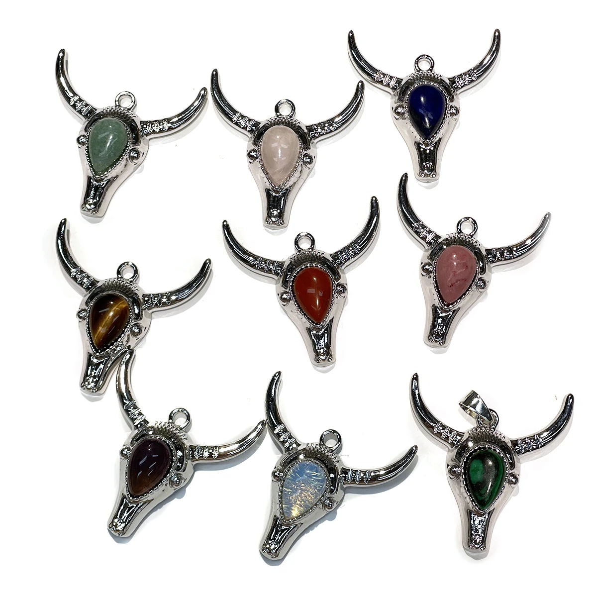 34x35mm Natural Stone Amethysts Bull Head Pendant Cow Skull Gemstone Charm for DIY Necklace Handmade Jewelry Making Accessories