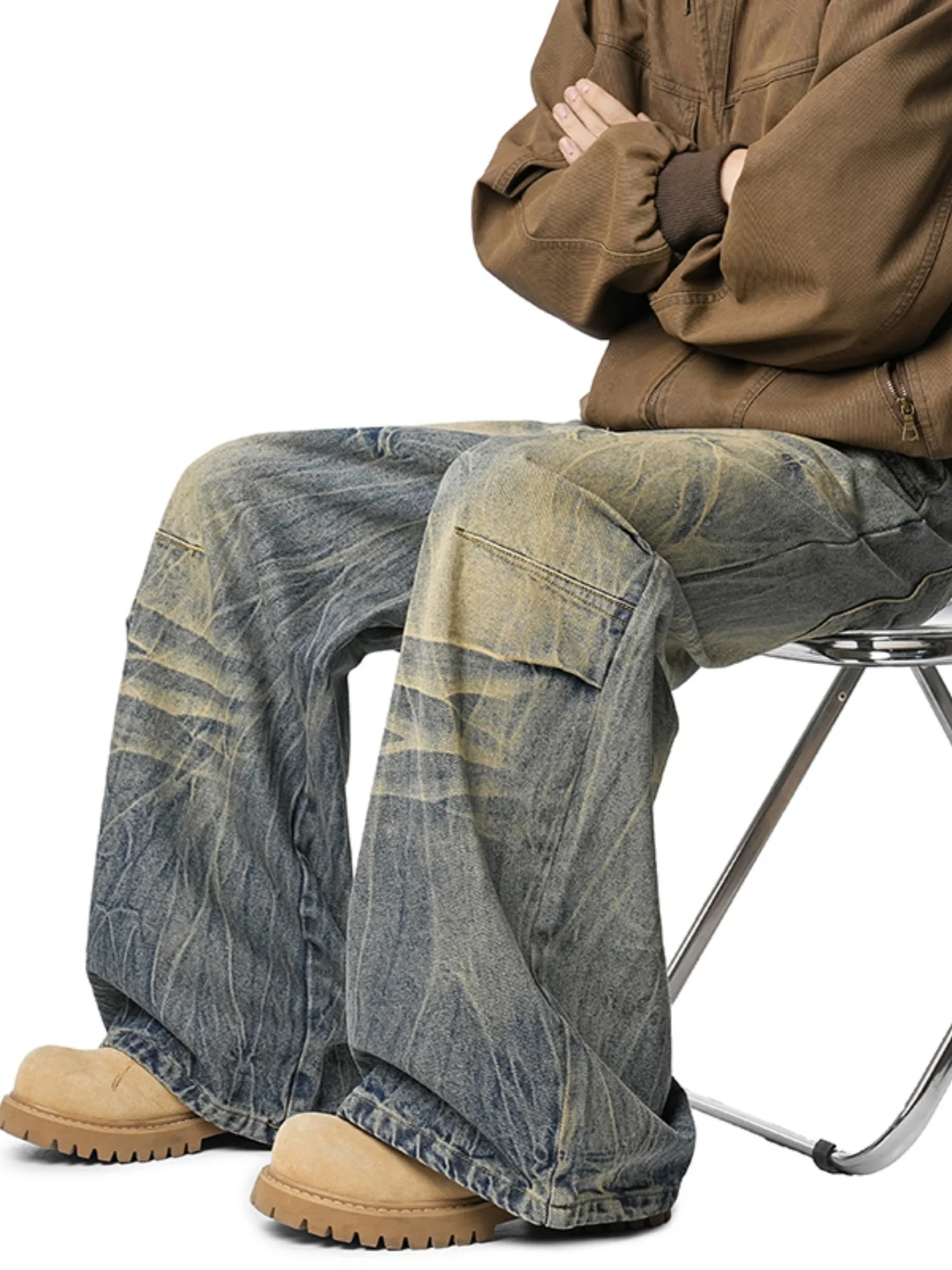 

Loose Straight Leg Men's Jeans Lightning Pattern High Street American Sle Hiphop Trousers Autumn Flared Knife Pants