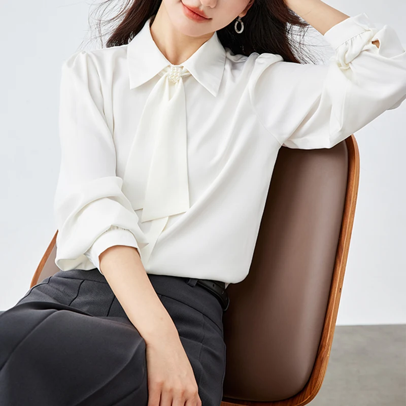 

Women Casual Soft Long Sleeve White Shirts Office Ladies Workwear Commute Tops Blouse Elegant