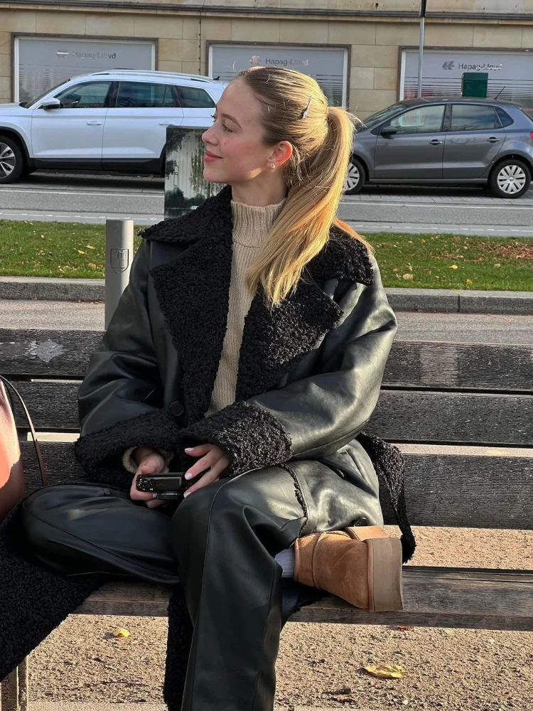 

Black Fur Patchwork Leather Overcoat Lady Chic Lapel Long Sleeve Lace Up Loose Outerwears Women Winter Daily Highstreet Jackets