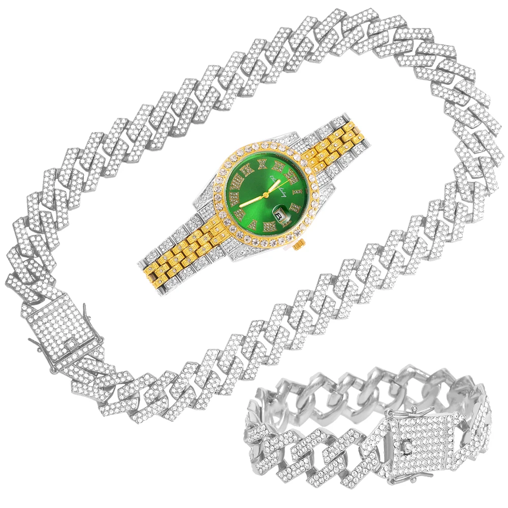 New Iced Out Watch Mens Cuban Link Chain bracciale collana girocollo Bling gioielli uomo grandi catene Color oro Hip Hop Punk Watch Set