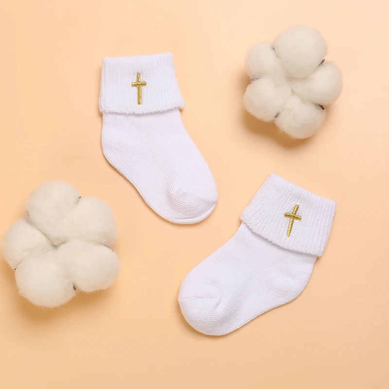 4 pairs of white baptism versatile cute cotton baby socks for 0-1 year old newborn boys and girls