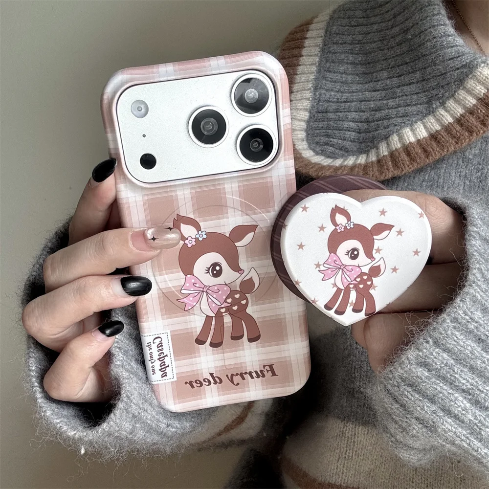 

INS Fashion Plaid Bow Magnetic Phone Case for iPhone 17 Pro Max 15 16 Pro Cover Love Deer with Magsafe Stand Fundas Cute Cases