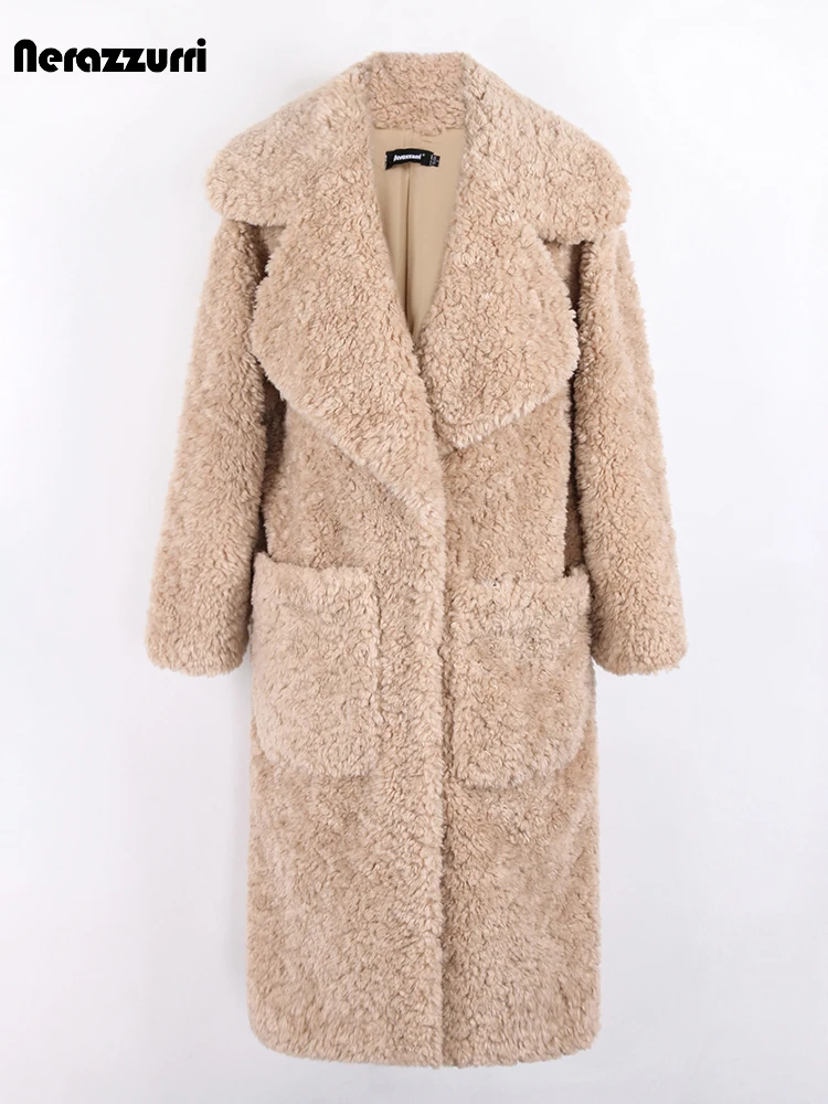 Nerazzurri Winter Long Oversized Thick Warm Fuzzy Fluffy Soft Faux Fur Coat Women Pockets Lapel Luxury Designer Furry Overcoat