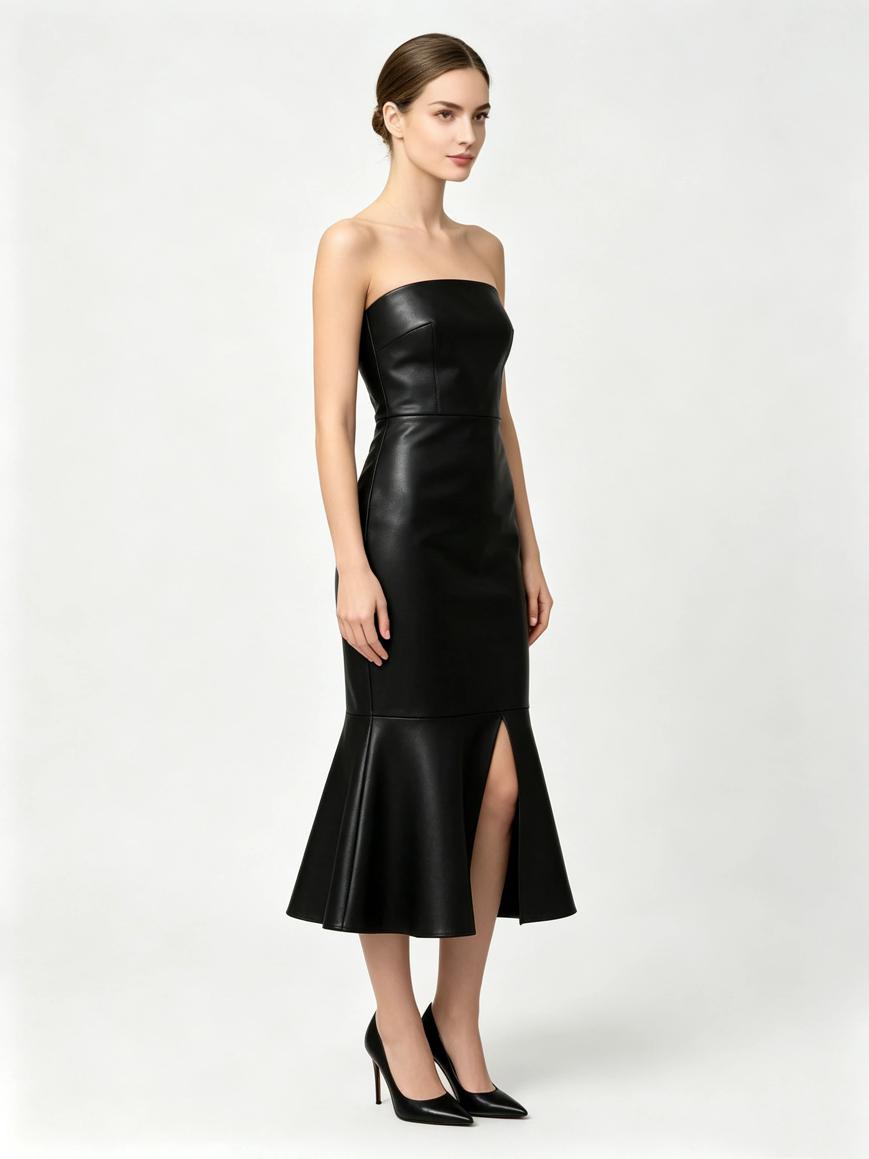 Women's Faux Leather Strapless Midi Dress with Mermaid Hem and Structured Bodice