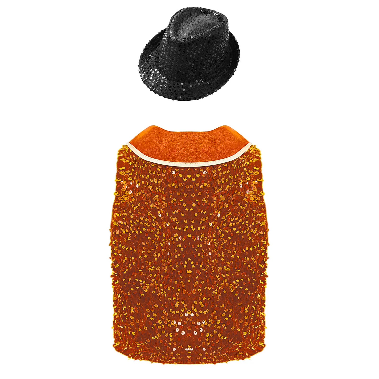 Kids Boys Girls Retro Disco Jazz Dance Performance Outifit Gentleman Sparkling Sequins Velvet Vest Buttons Waistcoat+Bowtie+Hat
