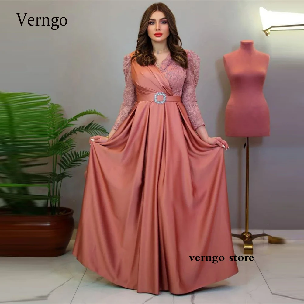 

Verngo Muslim Saudi Arabic Women Evening Dresses Long Sleeves Lace Applique Satin Dubai Modest Prom Gowns Plus Size Formal Dress