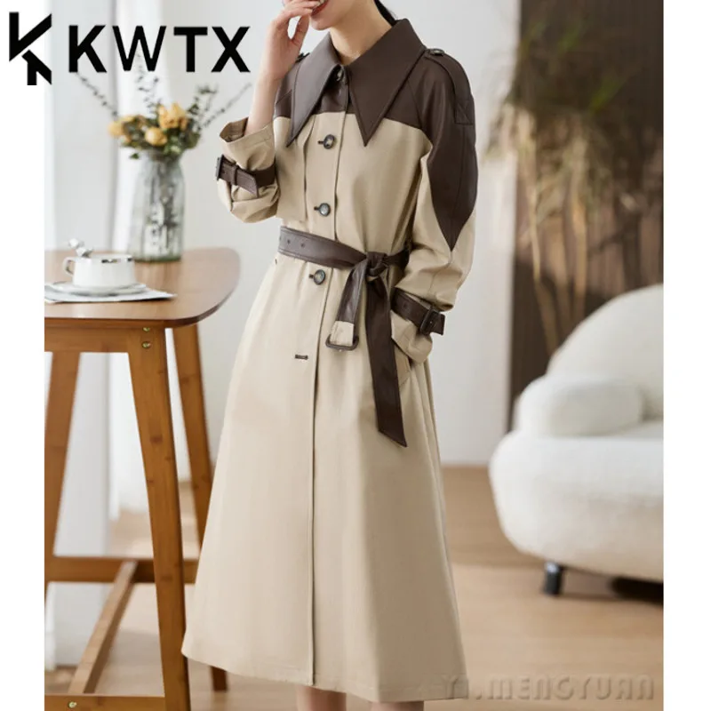 

KWTX Two Tone Trench Coat Women's - Leather Fabric Mix Lightweight Spring Jacket Casual Elegant And Luxurious M-XXL