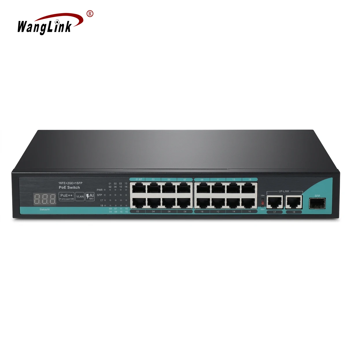 Gigabit 16+2+1Ports Ethernet AI PoE++ Switch With Digital Display 2 Uplink Ports 1 SFP 300W Power Suppor100m VLAN Metal Housing