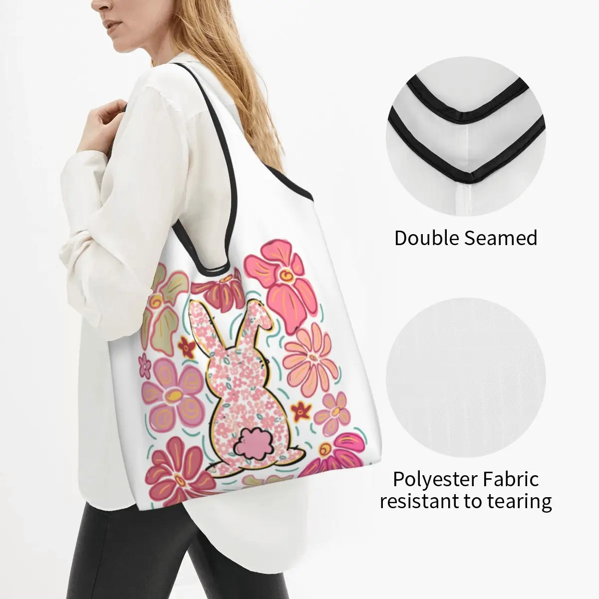 Happy Easter Bunny Grocery Bag Durable Large Reusable Recycle Foldable Heavy Duty Shopping Tote Bag Washable Attached Pouch