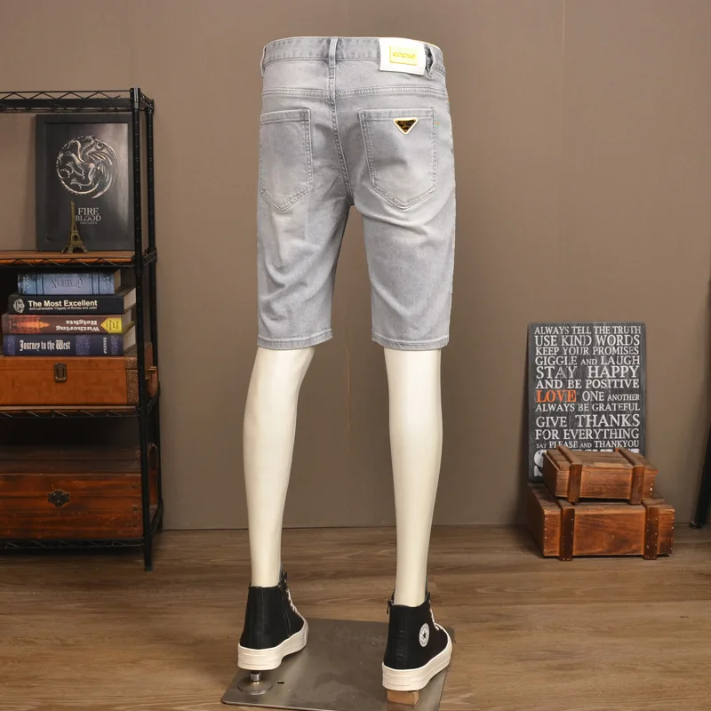 Summer grey denim shorts men's summer thin stretch slim fit high-end washed fashionable casual five quarter pants