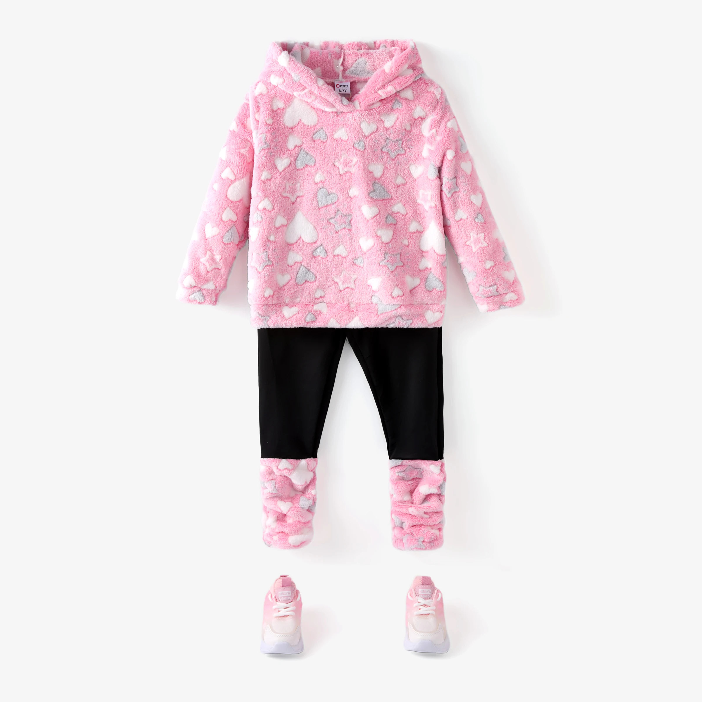 PatPat 2pcs Kid Girl Sweet Heart-shaped Soft Fuzzy Fabric Stitching Suit image 6