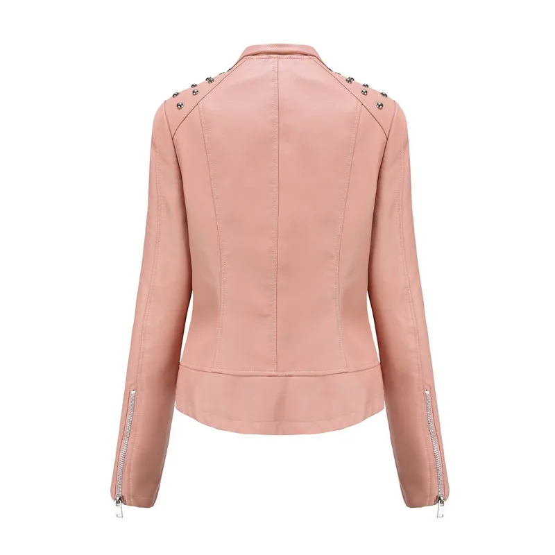 Autumn Women Purple PU Jackets, Stud and Zipper Decorated Leather Jackets, Pink motorcycle Coats