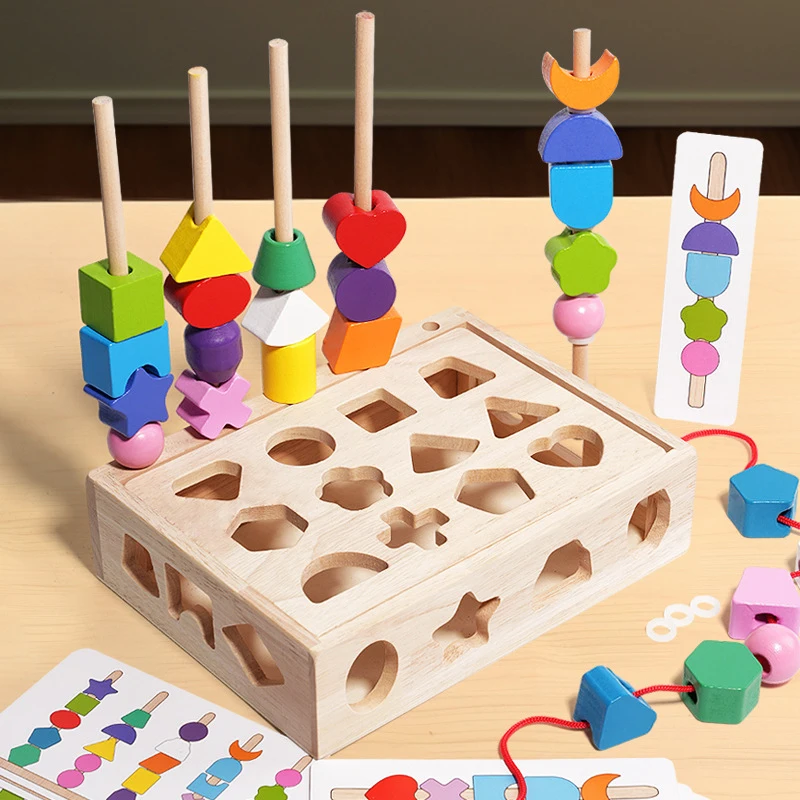 Montessori Wooden Toys Color Shape Matching Board Sorting Puzzle Game Fine Movement Training Column Beaded Games Educational Toy