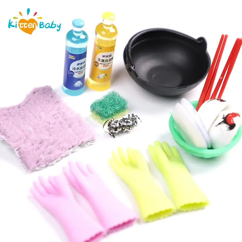 1:12 Dollhouse Miniature Dish Soap Gloves Rag Chopsticks Bowl Dishwashing Cleaning Set Furniture Kitchen Model Decor Toy