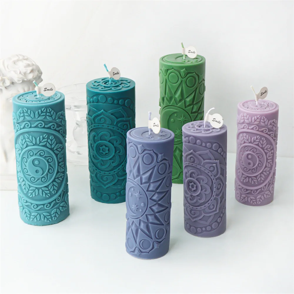 Sun Moon Relief Sculpture Cylinder Roman Column Candle Silicone Mold Sun Flower Pattern Cylinder Candle Mold Resin Gypsum Mold