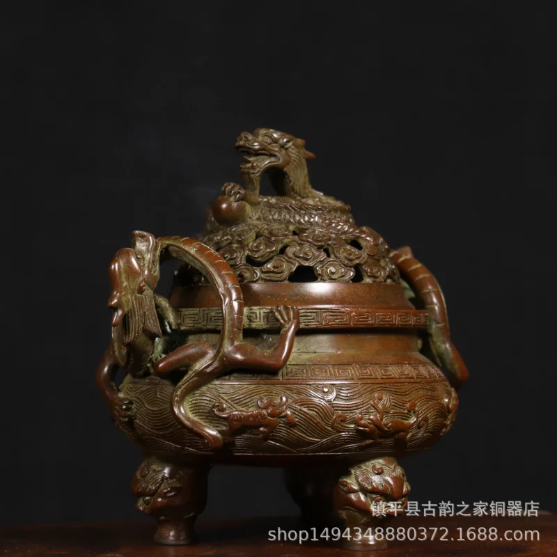 Pure Chilong Ear Plate Dragon Button Beast Foot Copper Wholesale Incense Burner Antique-Sty