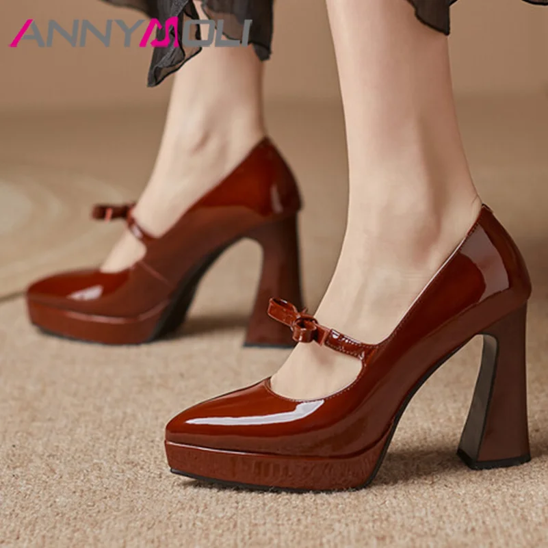 ANNYMOLI décolleté da donna piattaforma di moda tacchi alti a punta Mary Janes Bow Party primavera autunno scarpe nero vino rosso 34-39