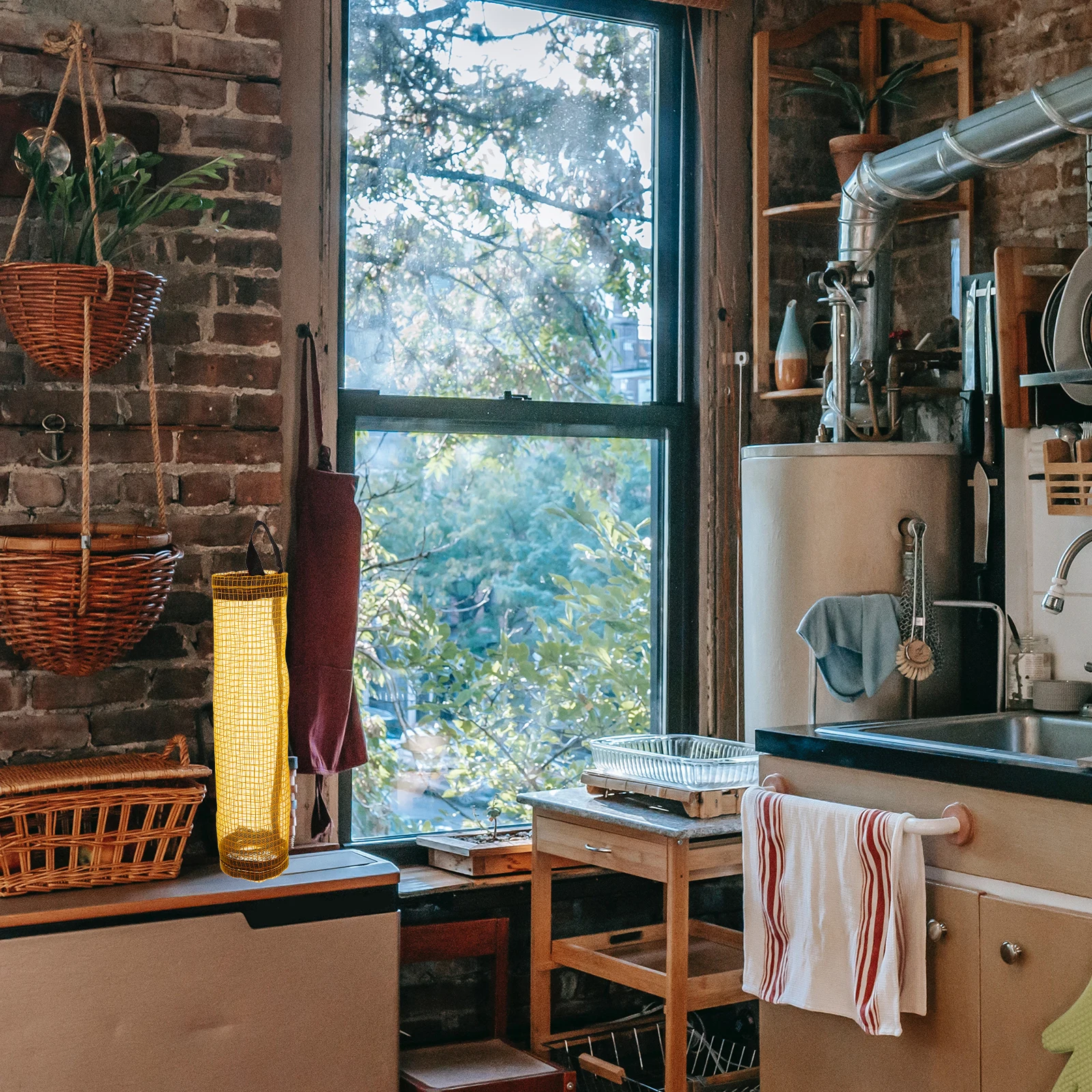 

Plastic Bag Holder Large Capacity Grocery Bag Dispenser Kitchen Accessory Yellow Suspending Design Multi Function ganizer