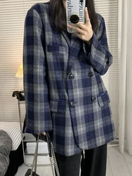 Zoki Vintage Faux Woolen Plaid Blazers Coat Women Streetwear Loose Retro Jackets American Harajuku Long Sleeve Outwear Tops New