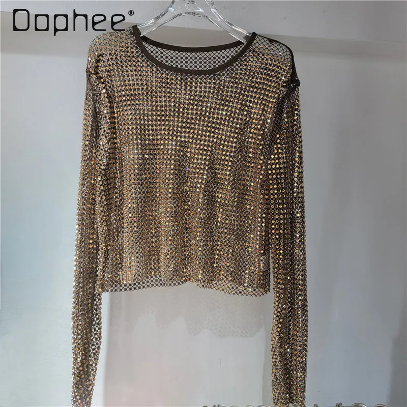Top de manga larga con cuello redondo y cuentas de diamantes de imitación de gama alta de lujo, ropa interior de estilo de hadas, camisa Base calada brillante, Top Sexy único