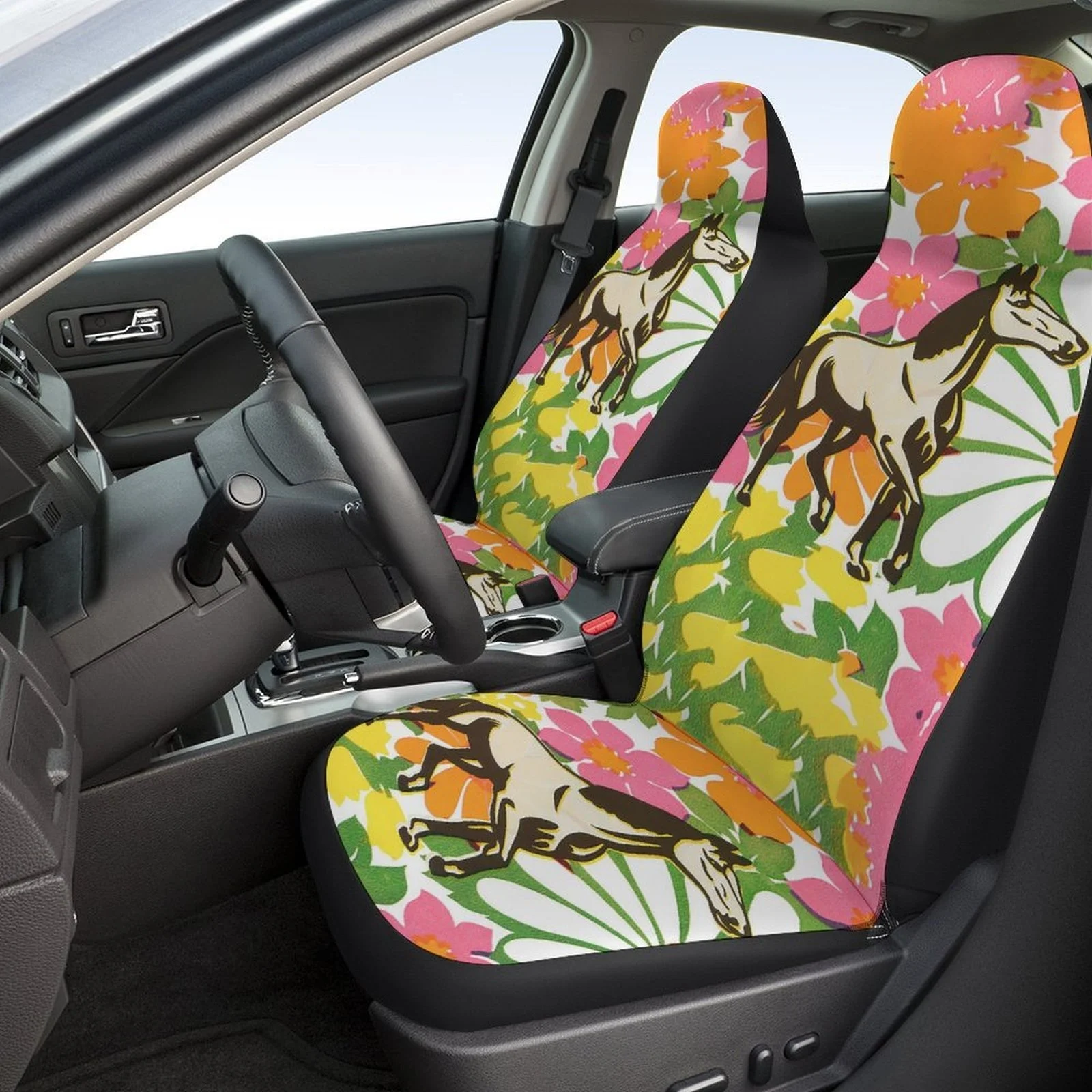2pcs Front Car Seat Covers - Vibrant Tropical Floral & Galloping Horse Design, Non-Slip Breathable Fabric, Machine Washable, Pin
