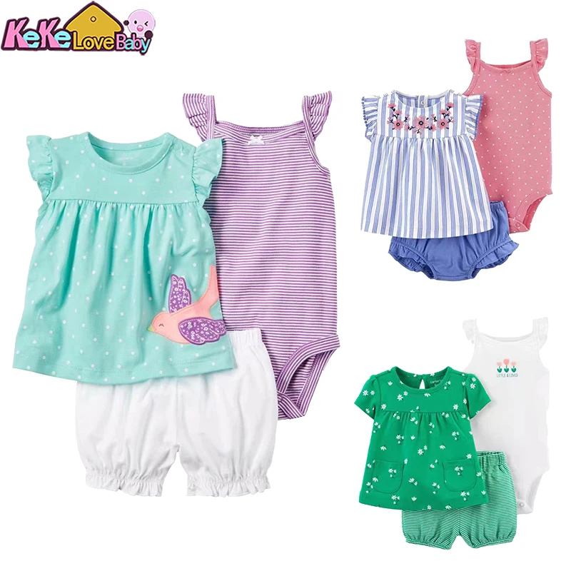 Baby Girls Summer Clothes Sets Cotton Flower Kids Toddler Outfits Short Sleeved Bodysuit Shorts 3Pcs Infant Clothing 6-24 Months