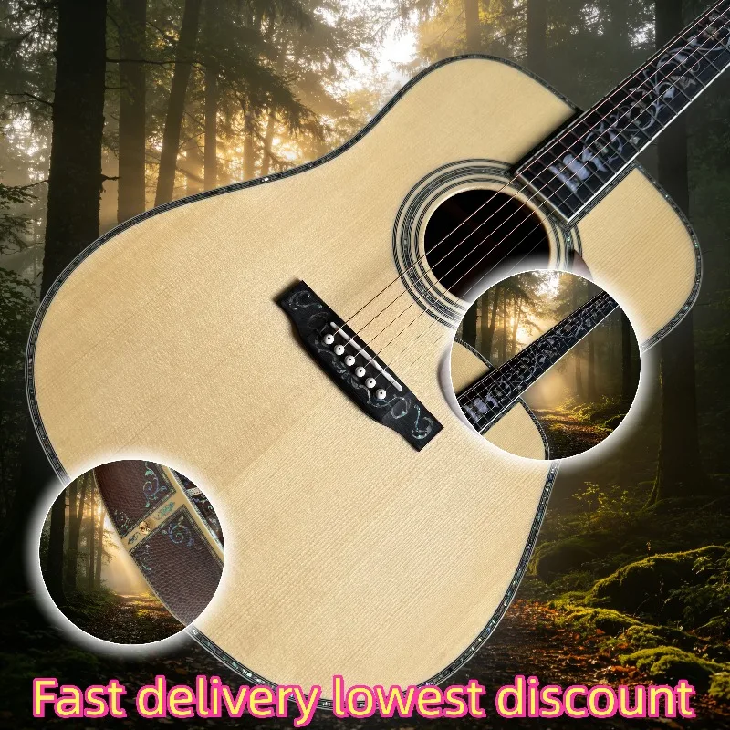 Hot Sales D45 Style 41 Inch 6 String Acoustic Guitar Natural Solid Spruce Body Abalone Floral Inlay Beginner Unisex
