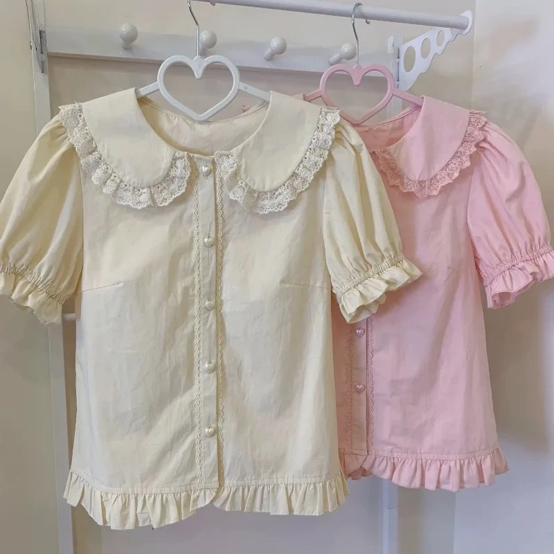 Sommer Japanische Kawaii Lolita Shirts Frauen Süße Puff Kurzarm Spitze Rüschen Schlank Blusen Mädchen Nette Y2k Kleidung Tops Blusas