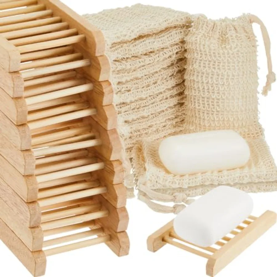 

Pcs Soap Saver Bags and Bamboo Soap Holder Set Exfoliating Sisal Soaps Washing Bags Self Draining Wooden Bar Soaps Dish for Sho