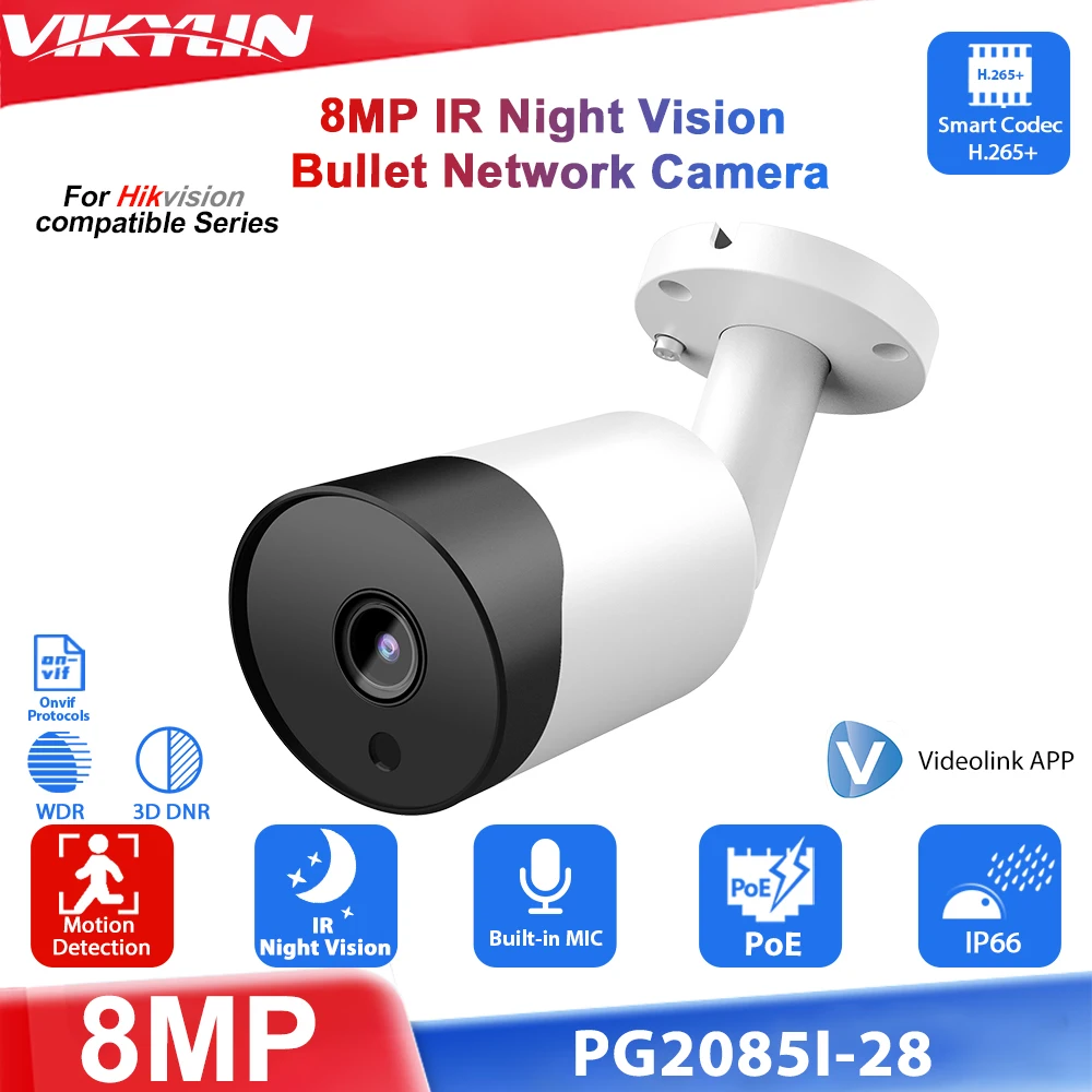 VIKYLIN Hikvision Protocol 2.8MM LENS 4K 8MP IR light IP Camera Motion Detection with MIC Onvif IP66 POE CCTV Security Camera