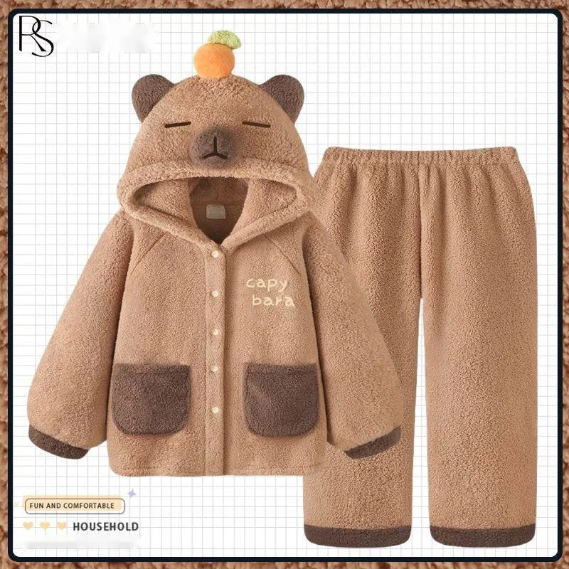 Cute Capybara Coral Fleece Pajamas Set Animal-Printed Plush Hooded Pajamas Elastic-Waist Fleece Pant Stylish Women Warm Clothing