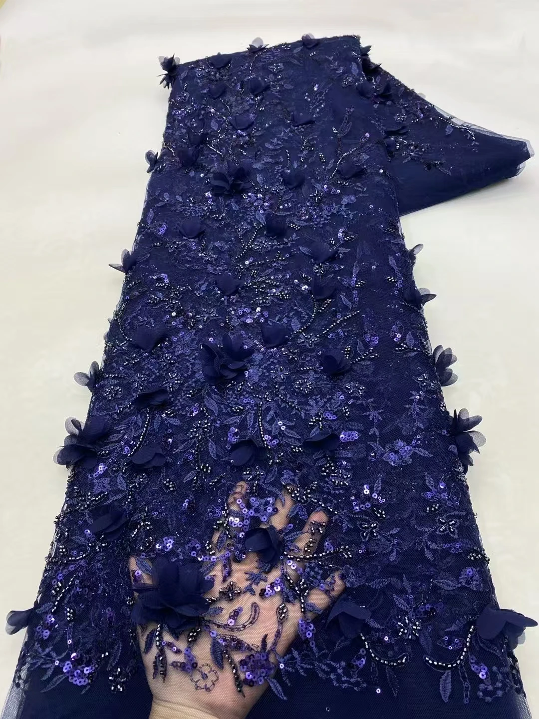 

Latest Navy Blue 3D Flowers Beaded Sequins African Lace Fabric 2025 High Quality French Nigerian Lace Fabric For Dress KXX25142