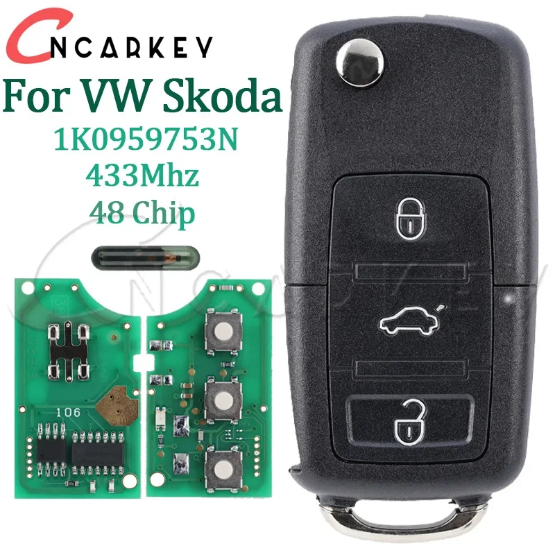 Flip Car Key For Volkswagen VW PASSAT B5 B6 Skoda CADDY GOLF JETTA Tiguan POLO Blade HU66 1K0959753N 433Mhz ID48 Chip Remote Fob