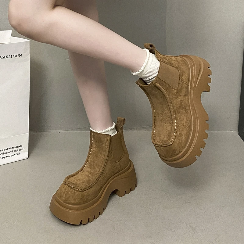 

Women Chelsea Ankle Boots Suede Snow Shoes Autumn 2025 New Casual Sport Running Mid Heels Platform Short Botas Woman Slip On