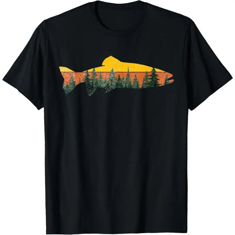 

Retro Sunset Trout Fish Graphic T-Shirt, Unisex Outdoor Fishing Tee,Nature Forest Print Summer Top,Camping Hiking Adventure Gift