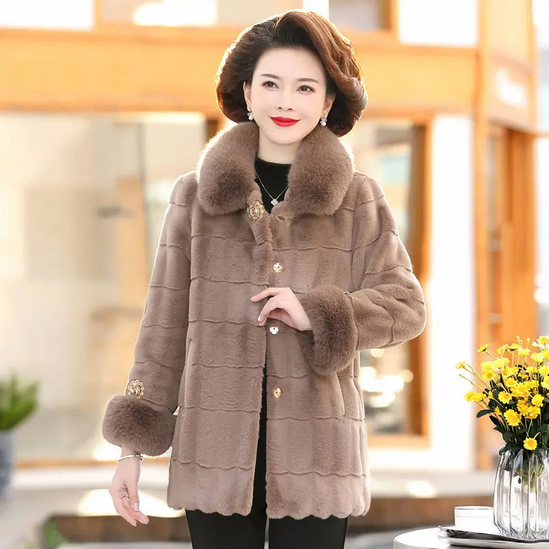 

2023 Autumn Winter Thicken Mink Velvet Coat Fashion Casual Plus Cotton Female Coat Elegant Fur Neck Pockets Warm Women Coat