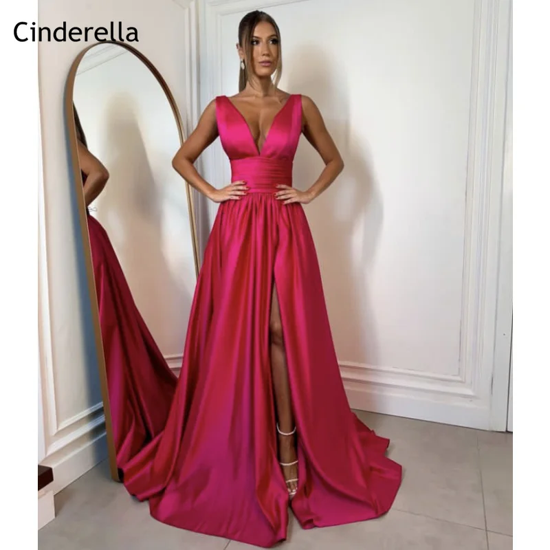 

Hot Prom Dresses V-Neck Long A-Line Side Slit Thick Satin Prom Dresses Lace Up Back Event Dress vestidos de fiesta de noche