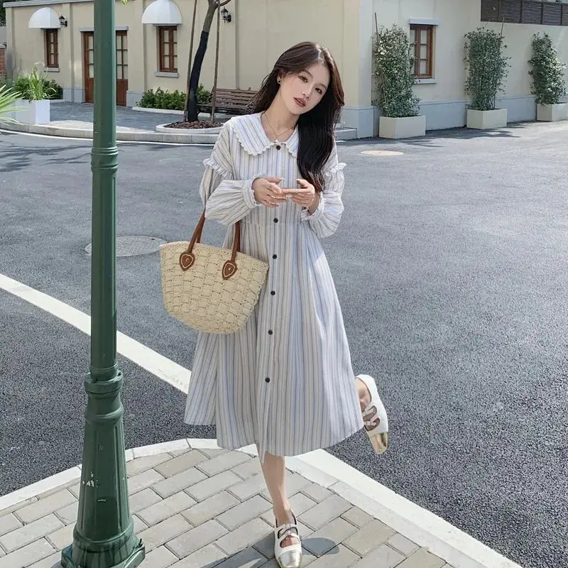 Korejpaa French Fashion Striped Doll Neck Women Dress Autumn 2024 New Sweet Slimming Shirt Dresses Elegant Bandage Vestidos