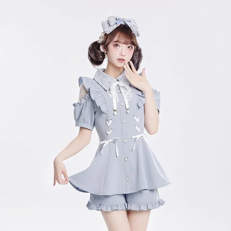 Japanese Sweet Cute Doll Collar Dress Shorts Set Summer Lace Bow Tied A-line Shirt Dress Elegant Two Piece Sets Womens Outifits