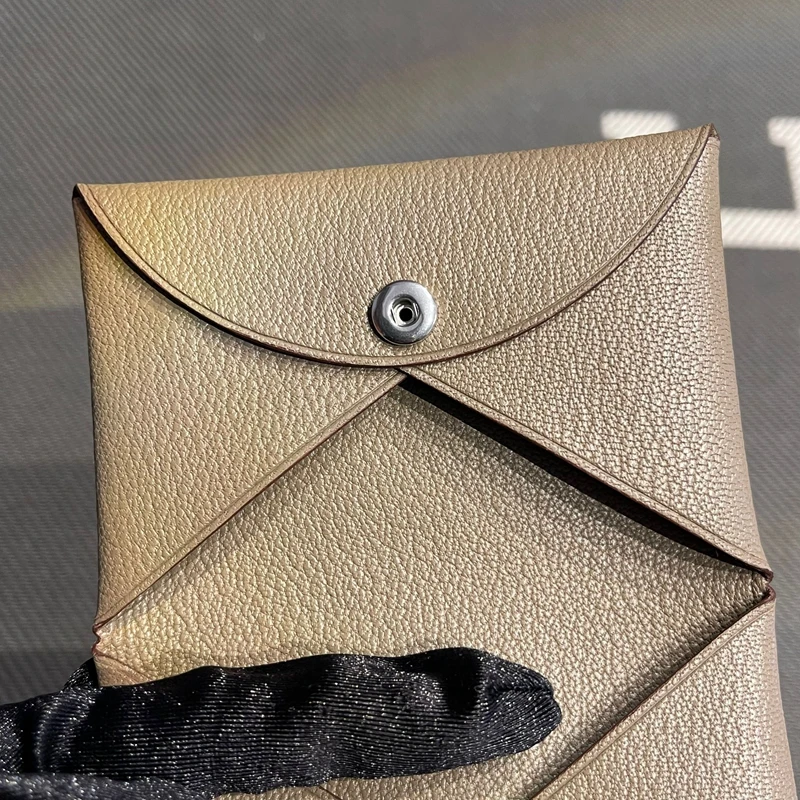 Genuine Leather Key Coin Document Wallet Buttons Closure Elephant Grey Double Sided Card Holder Sheep Leather Wallet