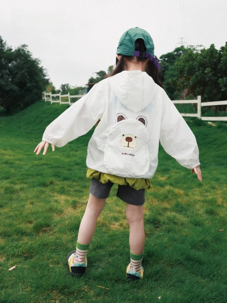 Quick Dry Sun Protection Clothing with Hat Camping Cool Feeling Transformation Bear Pocket Skin Shirt for Girls Summer Outdoor