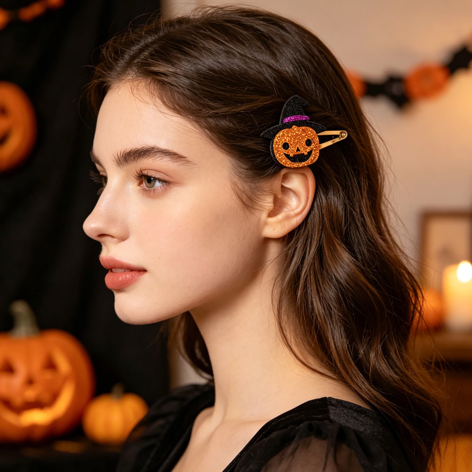 1 set, Halloween Sparkling Hair Clip Set, Pumpkin Ghost Head Bone Bat Pattern Felt BB Hair Clip. view 2
