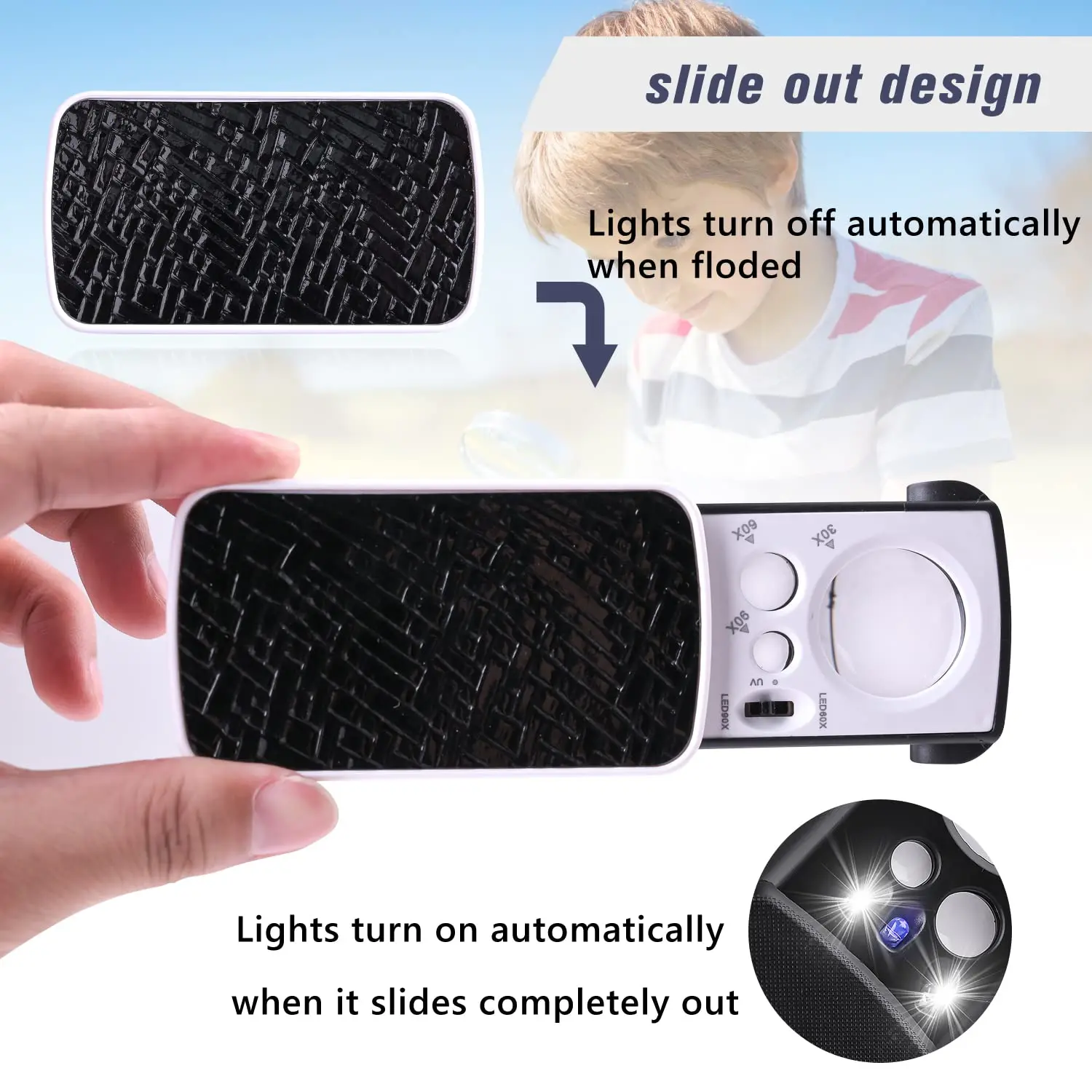 Imagem -05 - Lupa de Jóias com Luz uv Led Lupa de Bolso Deslizante Lente Óptica para Moedas e Selos de Diamantes 30x 60x 90x