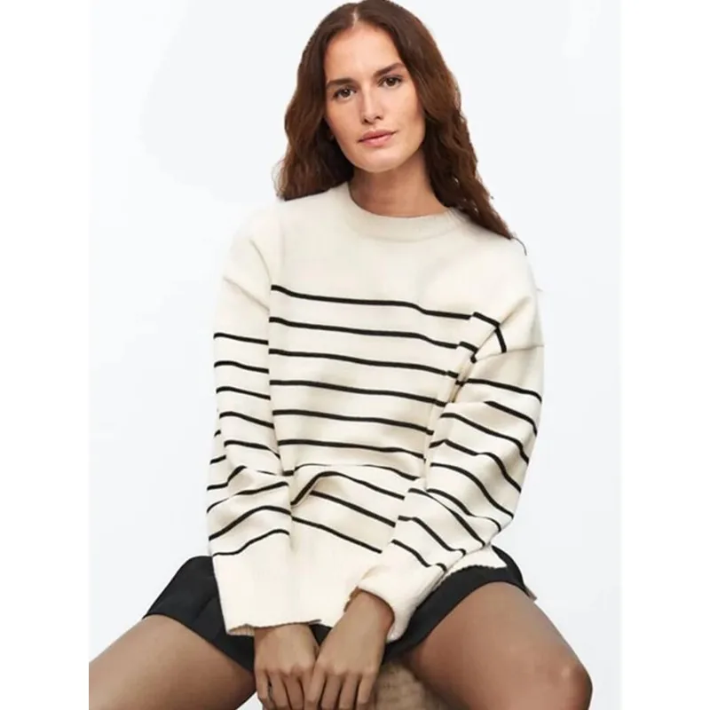 

Beige Stripe Baggy Sweater Women Pullover Streetwear Long Sleeve Knitted Tops Female Jumper Autumn Winter Loose Knitted Sweaters