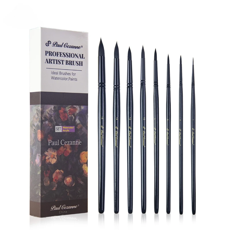 8pcs Pure Black Imitation Gray Mouse Fur Paint Brush Set Easy To Clean for Watercolor Acrylic Oil Painting Strokes Coloring